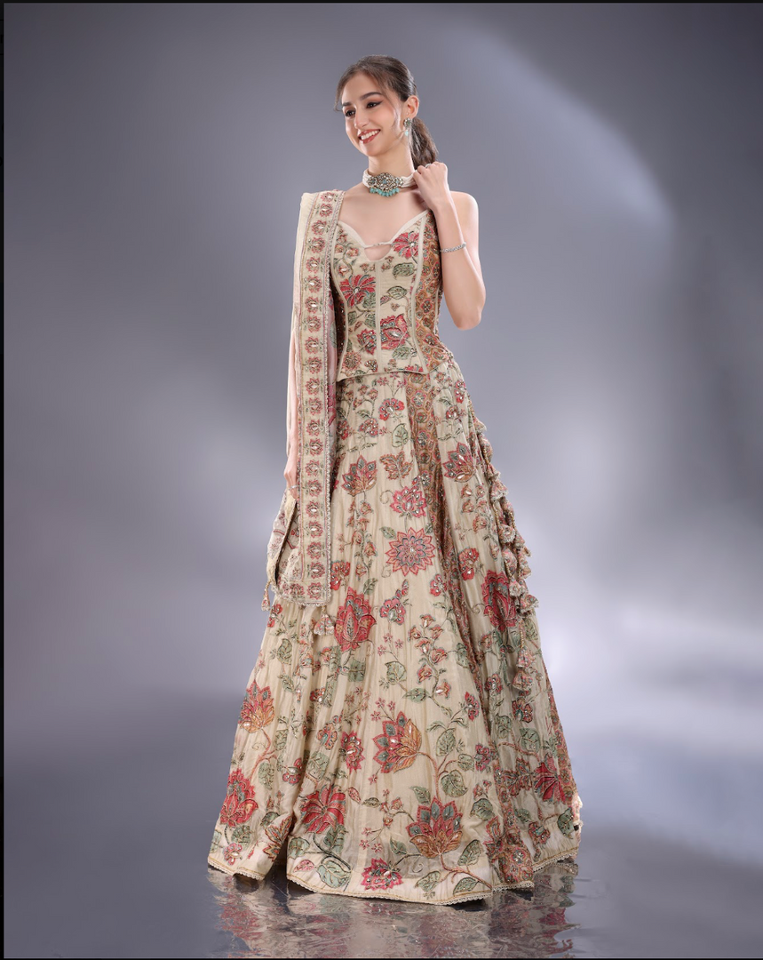Pista green crepe silk Lehenga blouse and dupatta same fabric