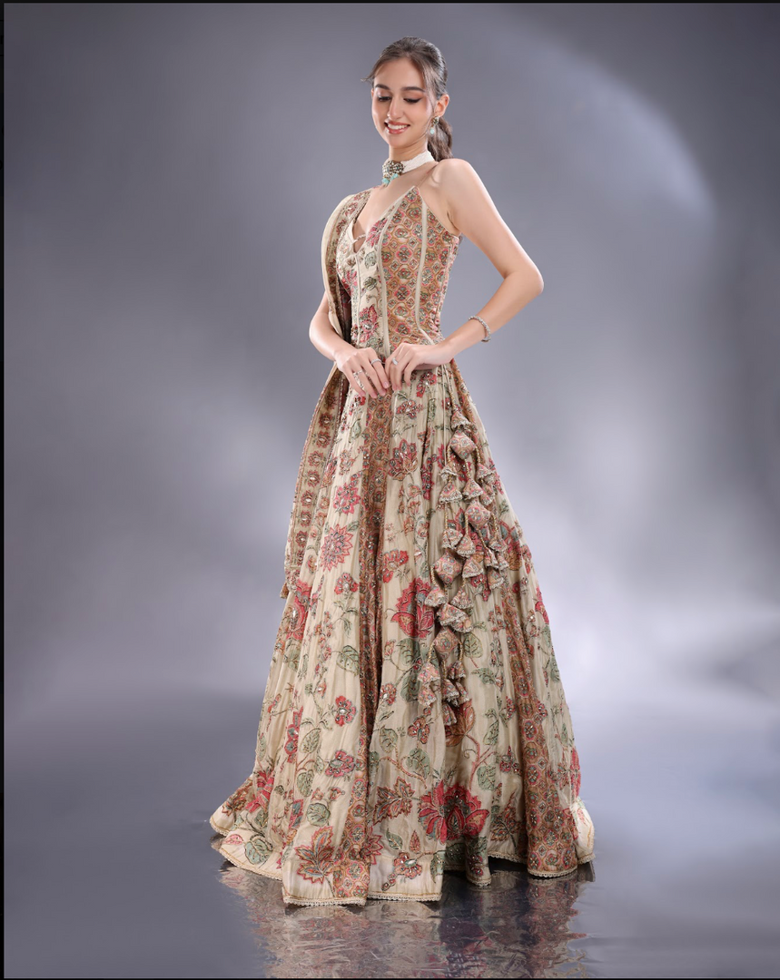 Pista green crepe silk Lehenga blouse and dupatta same fabric