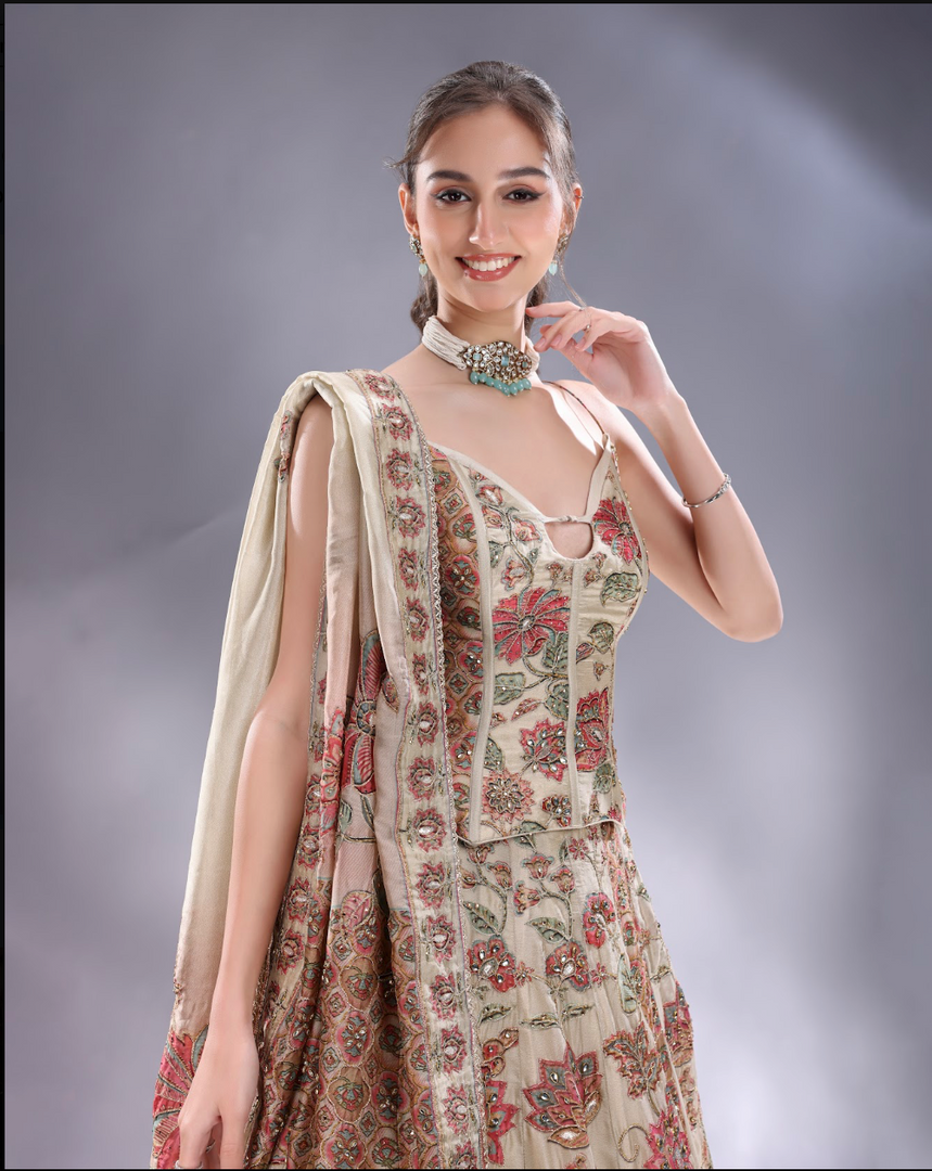 Pista green crepe silk Lehenga blouse and dupatta same fabric