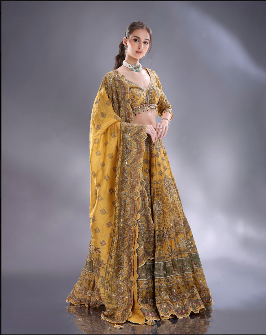 Light yellow crepe silk Lehenga blouse and dupatta same fabric