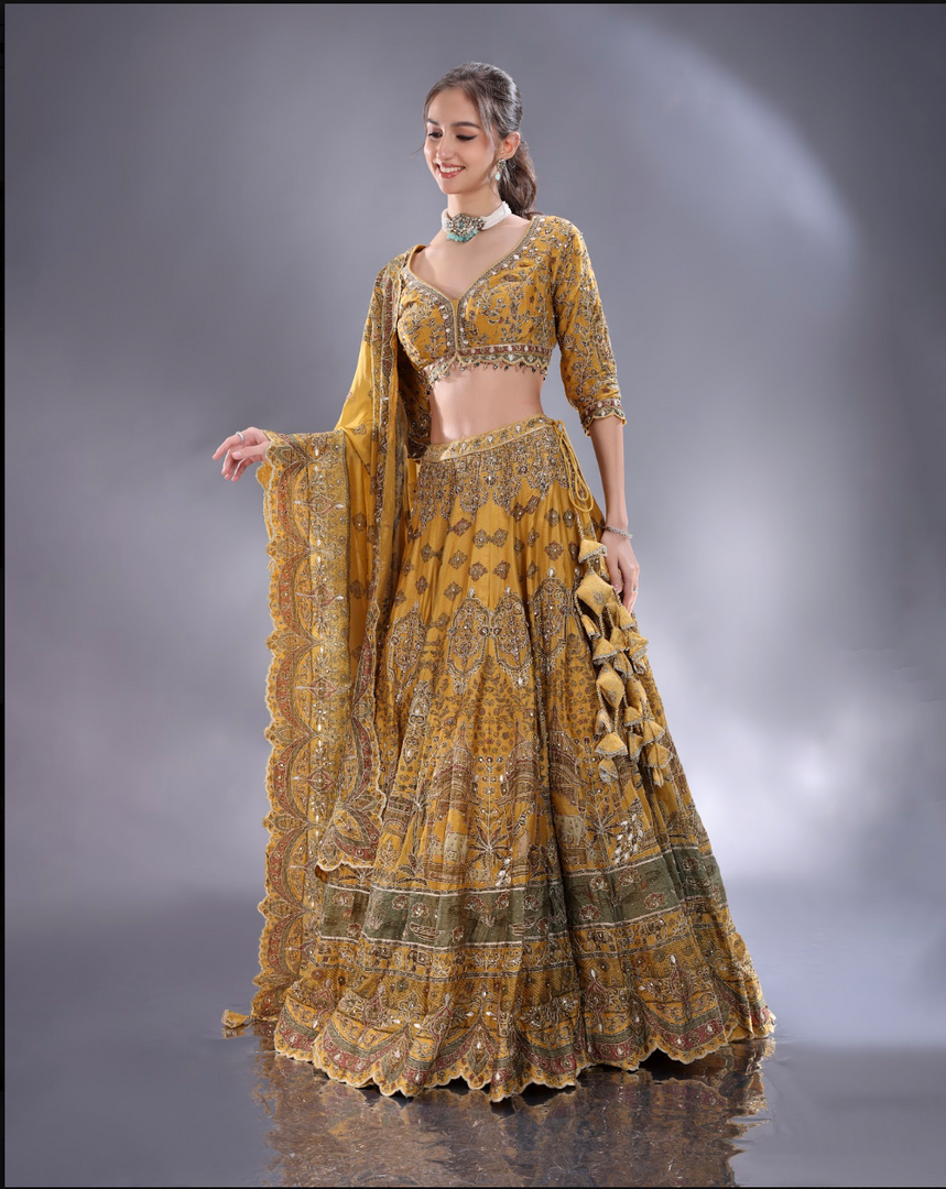 Light yellow crepe silk Lehenga blouse and dupatta same fabric