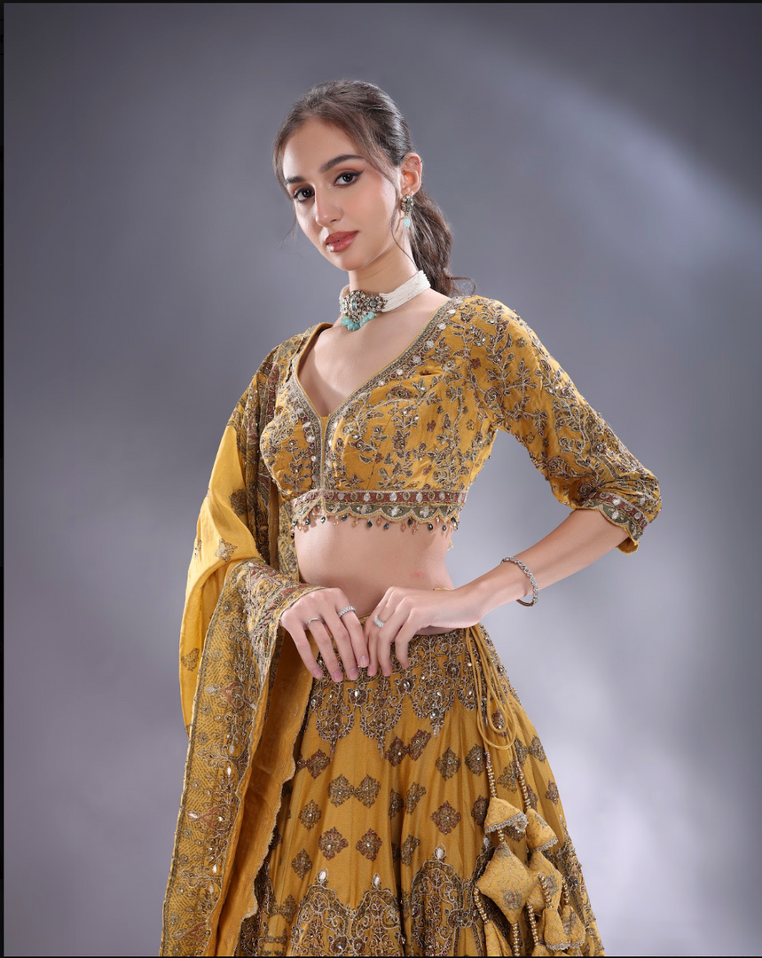 Light yellow crepe silk Lehenga blouse and dupatta same fabric