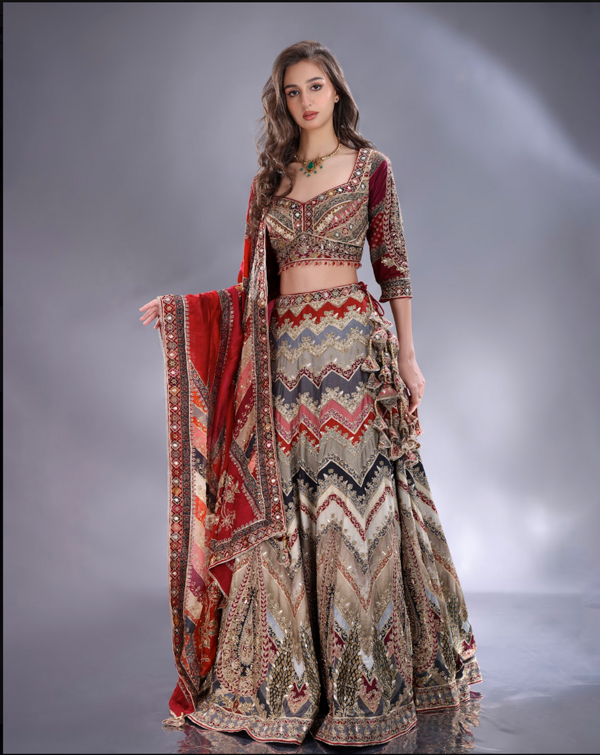 Multi crepe silk printed Lehenga blouse and dupatta same fabric