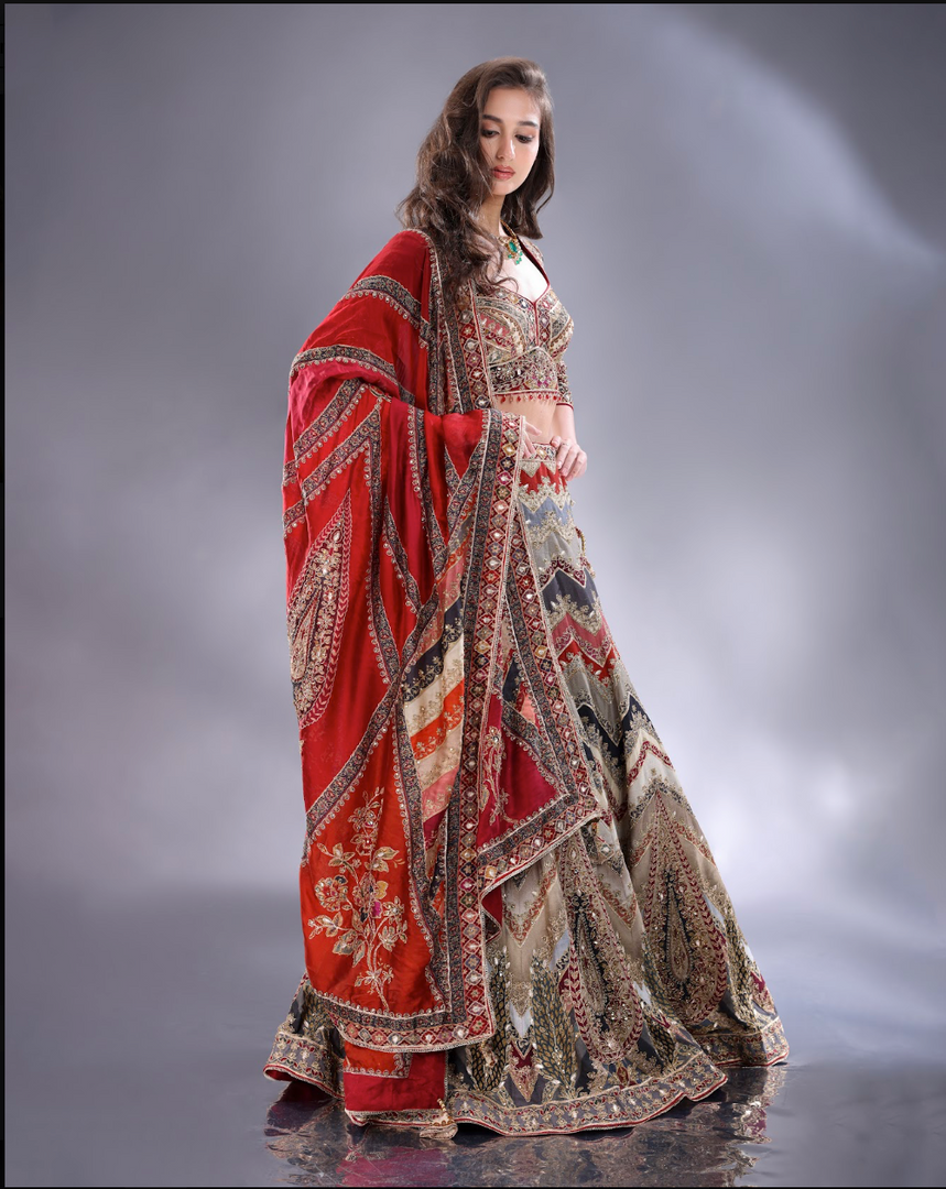 Multi crepe silk printed Lehenga blouse and dupatta same fabric