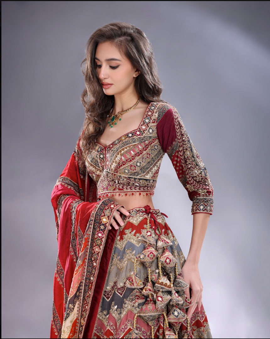 Multi crepe silk printed Lehenga blouse and dupatta same fabric