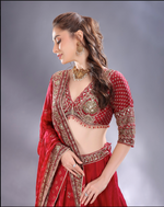 Load image into Gallery viewer, Red crepe silk Lehenga blouse and dupatta same fabric
