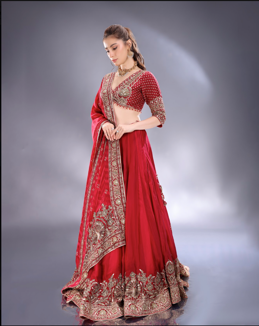 Red crepe silk Lehenga blouse and dupatta same fabric