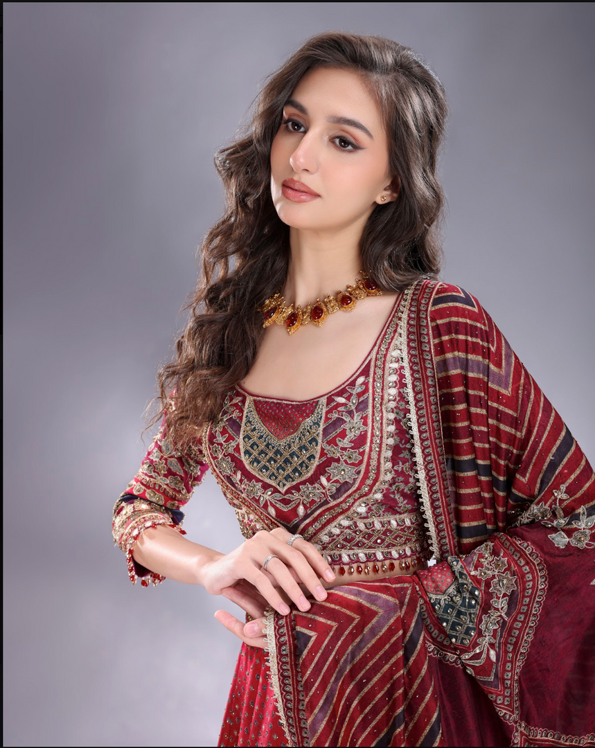 Wine shaded crepe silk Lehenga blouse and dupatta same fabric