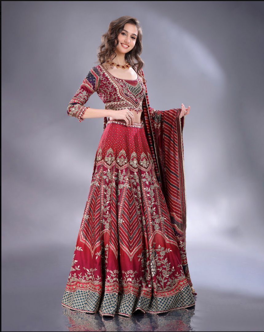 Wine shaded crepe silk Lehenga blouse and dupatta same fabric