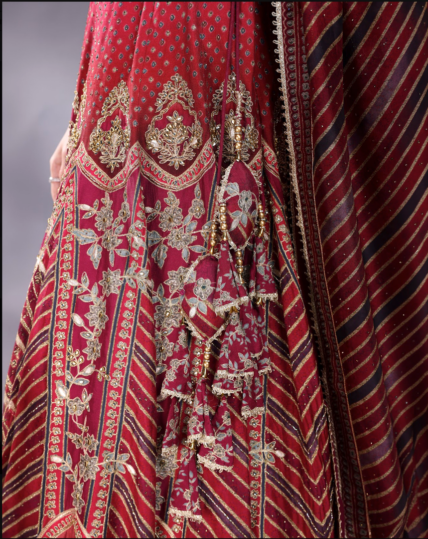 Wine shaded crepe silk Lehenga blouse and dupatta same fabric