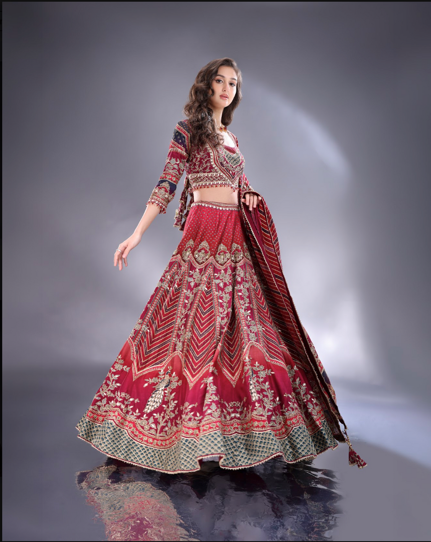 Wine shaded crepe silk Lehenga blouse and dupatta same fabric