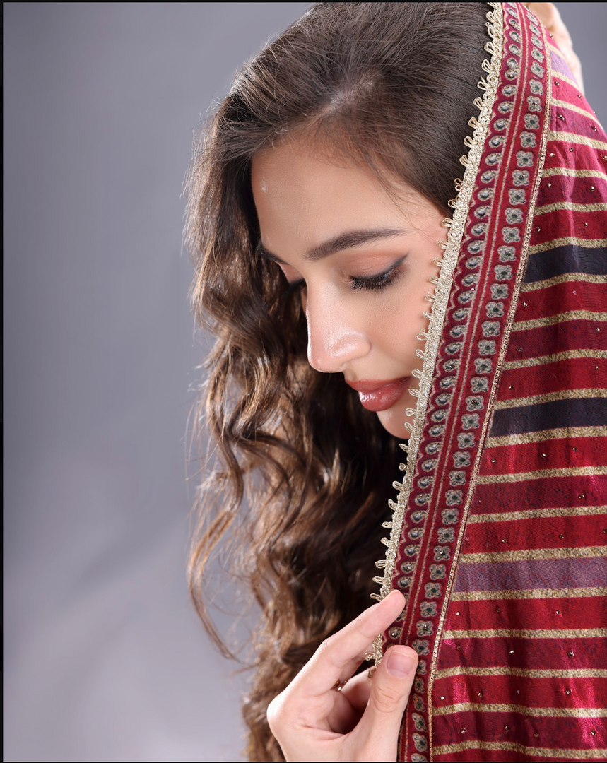 Wine shaded crepe silk Lehenga blouse and dupatta same fabric