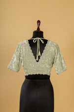 Load image into Gallery viewer, Sea green Abudai silk with light embroidery paired with heavy velvet blouse
