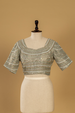 Load image into Gallery viewer, Sea green tissue sequence embroidery saree paired with embroidered stitched blouse
