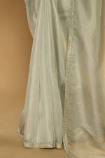 Load image into Gallery viewer, Sea green tissue sequence embroidery saree paired with embroidered stitched blouse
