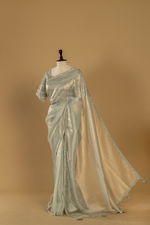 Load image into Gallery viewer, Sea green tissue sequence embroidery saree paired with embroidered stitched blouse
