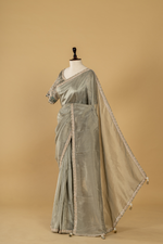 Load image into Gallery viewer, Steel grey georgette tissue saree paired with border ombrae embroidery blouse
