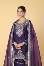 Load image into Gallery viewer, Purple upada zardosi pearl embroidery sharara suit and organza dupatta
