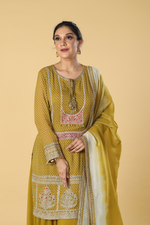 Load image into Gallery viewer, Apple green bandhej dori embroidered suit paired with georgette sharara and tissue dupatta
