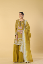 Load image into Gallery viewer, Apple green bandhej dori embroidered suit paired with georgette sharara and tissue dupatta
