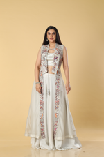 Load image into Gallery viewer, Ice grey 3 piece satin&amp; organza highlighted with resham embroidery
