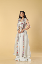 Load image into Gallery viewer, Ice grey 3 piece satin&amp; organza highlighted with resham embroidery
