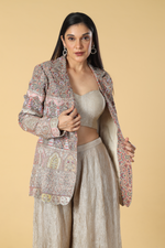 Load image into Gallery viewer, Champange gold crushed tissue palazzo tube paired with zardosi &amp; resham jacket
