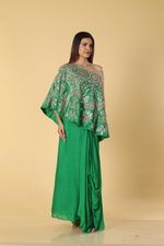 Load image into Gallery viewer, Bottle green tulip skirt paired with gota resham one shoulder top
