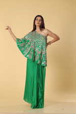 Load image into Gallery viewer, Bottle green tulip skirt paired with gota resham one shoulder top
