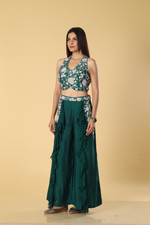 Load image into Gallery viewer, Green D-dupion georgette ruffle palazzo paired with embroidered halter neck blouse
