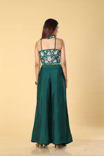 Load image into Gallery viewer, Green D-dupion georgette ruffle palazzo paired with embroidered halter neck blouse
