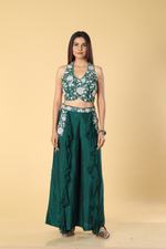 Load image into Gallery viewer, Green D-dupion georgette ruffle palazzo paired with embroidered halter neck blouse

