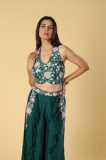 Load image into Gallery viewer, Green D-dupion georgette ruffle palazzo paired with embroidered halter neck blouse
