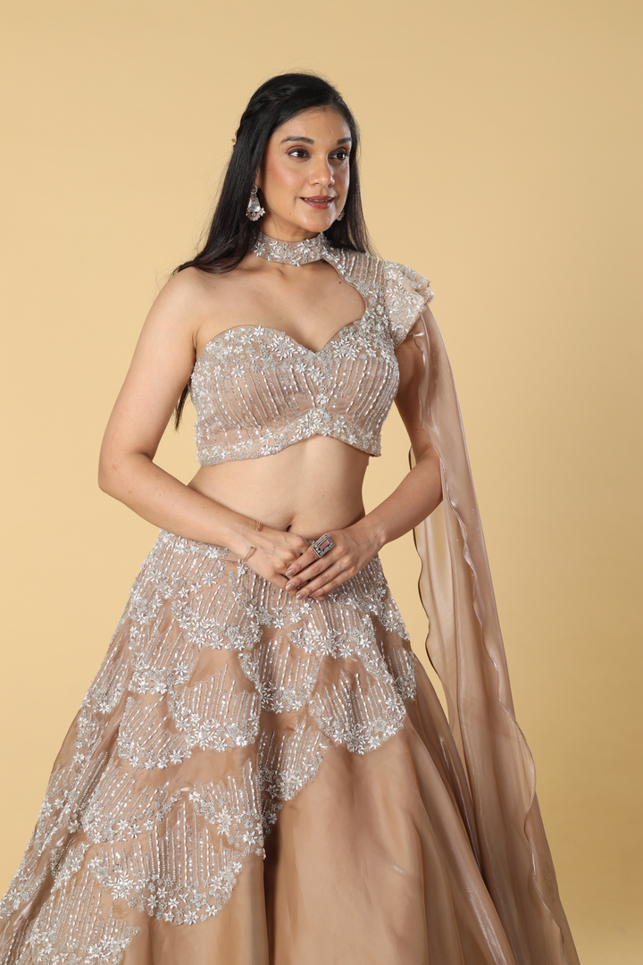 Golden Jimmy Choo embroidered skirt paired with designer one shoulder floor length sleeves