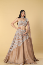 Load image into Gallery viewer, Golden Jimmy Choo embroidered skirt paired with designer one shoulder floor length sleeves
