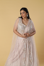 Load image into Gallery viewer, Dusty Pink Chinnon skirt paired with drape , blouse and net long jacket
