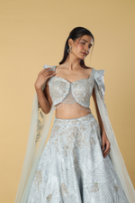 Load image into Gallery viewer, Powder blue textured fabric with patch work designer blouse &amp; skirt
