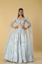 Load image into Gallery viewer, Powder blue textured fabric with patch work designer blouse &amp; skirt
