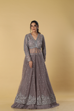 Load image into Gallery viewer, Mauve heavy embroidered indowestern paired with pleated georgette skirt
