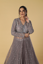 Load image into Gallery viewer, Mauve heavy embroidered indowestern paired with pleated georgette skirt
