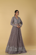 Load image into Gallery viewer, Mauve heavy embroidered indowestern paired with pleated georgette skirt
