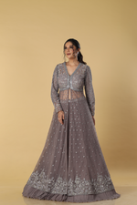 Load image into Gallery viewer, Mauve heavy embroidered indowestern paired with pleated georgette skirt
