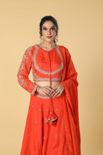 Load image into Gallery viewer, Orange   upada silk embroidered lehenga paired with designer blouse and crepe dupatta
