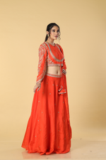 Load image into Gallery viewer, Orange   upada silk embroidered lehenga paired with designer blouse and crepe dupatta
