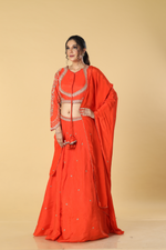 Load image into Gallery viewer, Orange   upada silk embroidered lehenga paired with designer blouse and crepe dupatta
