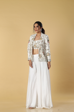 Load image into Gallery viewer, White satin organza palazzo paired with d-dupion 3D work jacket and tube
