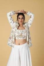 Load image into Gallery viewer, White satin organza palazzo paired with d-dupion 3D work jacket and tube
