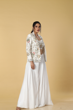 Load image into Gallery viewer, White satin organza palazzo paired with d-dupion 3D work jacket and tube
