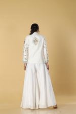 Load image into Gallery viewer, White satin organza palazzo paired with d-dupion 3D work jacket and tube
