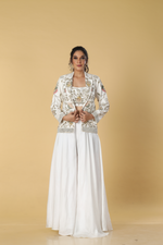 Load image into Gallery viewer, White satin organza palazzo paired with d-dupion 3D work jacket and tube

